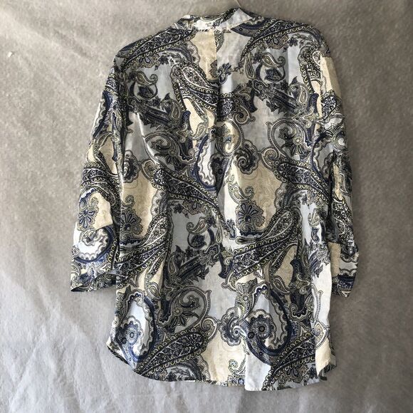 Chico's Women 2/US 12 Button Up Linen Shirt blue Paisley 3/4 Sleeve No Iron Top - Picture 2 of 3